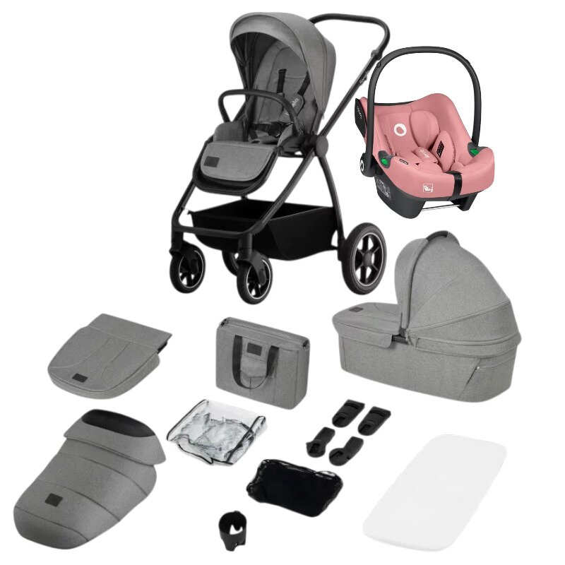 Carucior 3 in 1, Lionelo, Meril, Cu landou si scaun cu dimensiune XL, Reversibil, Cu accesorii, Pana la 22 kg+ Scoica auto, Astrid, Testata ADAC, 0-13 Kg, Roz