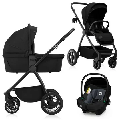 Carucior 3 in 1, Lionelo, Meril, Cu landou de dimensiune XL, Reversibil, Cu scoica auto testata ADAC, Cu accesorii, Pana la 22 kg, Conform cu EN1888-1 EN1888-2, EN1466, Negru