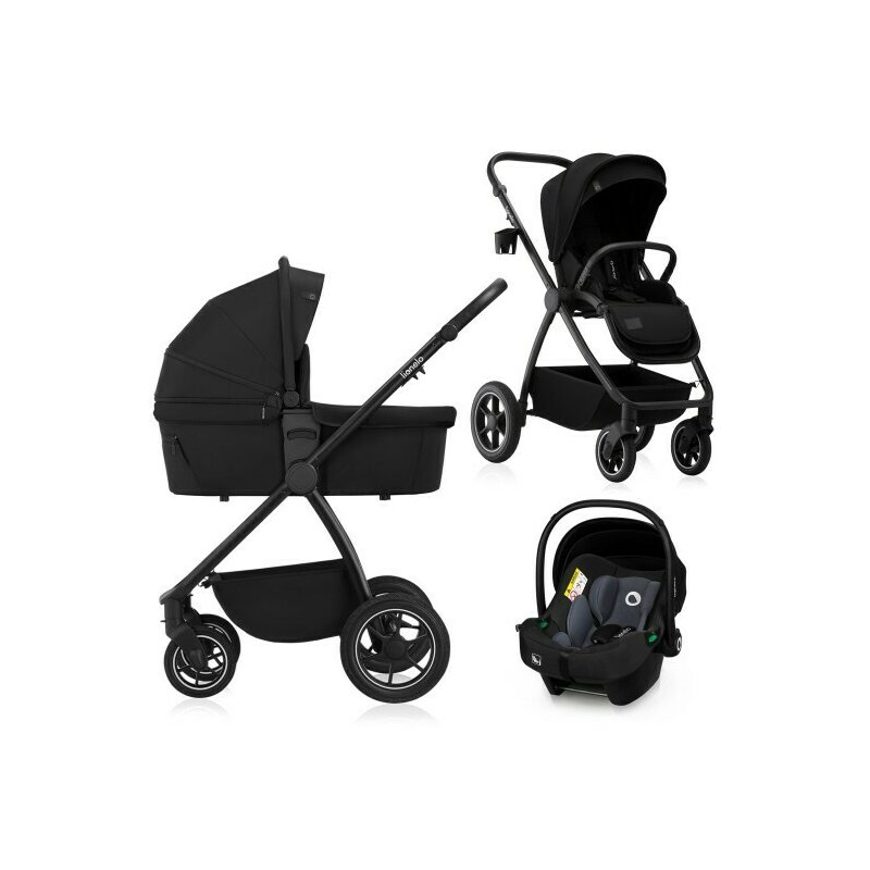 Carucior 3 in 1, Lionelo, Meril, Cu landou de dimensiune XL, Reversibil, Cu scoica auto testata ADAC, Cu accesorii, Pana la 22 kg, Conform cu EN1888-1 EN1888-2, EN1466, Negru