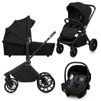 Carucior 3 in 1, Lionelo, Mika Plus, Cadru din aluminiu, Cu landou intarit si salteluta moale, Cu scoica auto testata ADAC, Reversibil, Cu sistem de ventilatie 3D, Cu accesorii, Pana la 22 kg, EN1888-1 EN1888-2 EN1466 ECE R129, Negru