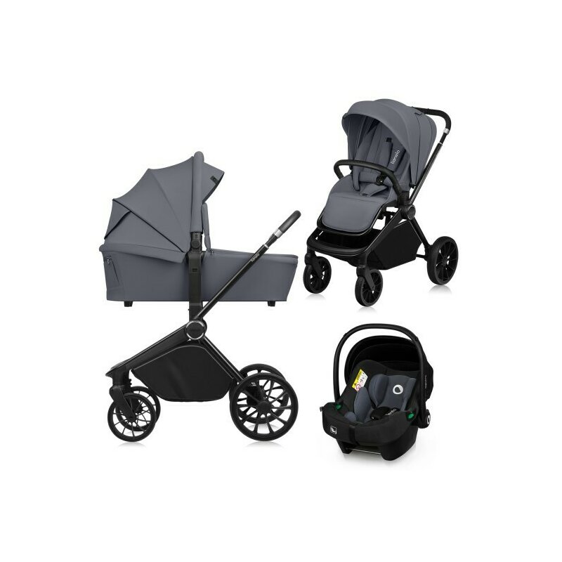 Carucior 3 in 1, Lionelo, Mika Plus, Cadru din aluminiu, Cu landou intarit si salteluta moale, Cu scoica auto testata ADAC, Reversibil, Cu sistem de ventilatie 3D, Cu accesorii, Pana la 22 kg, EN1888-1 EN1888-2 EN1466 ECE R129, Gri