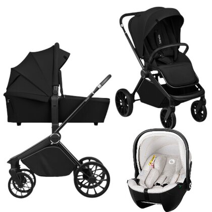 Carucior 3 in 1, Lionelo, Mika Plus, Cu scoica auto Moxie Bej, Reversibil, Cu sistem de ventilatie 3D, Cu accesorii, Pana la 22 kg, EN1888-1 EN1888-2 EN1466 ECE R129, Negru