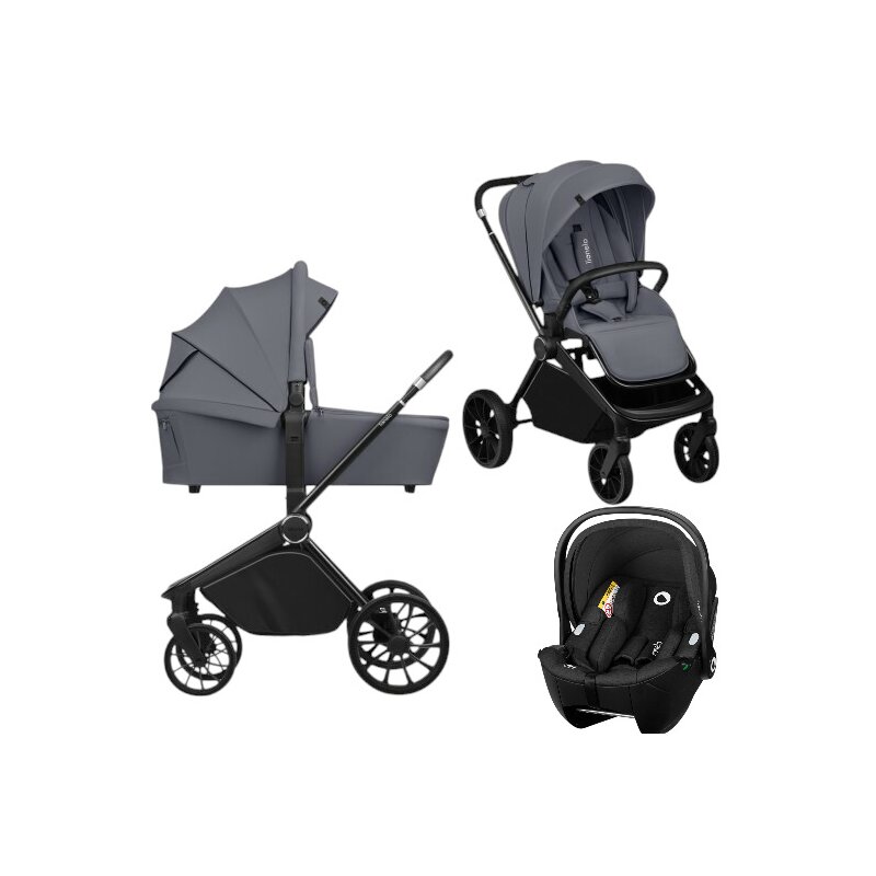Carucior 3 in 1, Lionelo, Mika Plus, Cu scoica auto Moxie Black Carbon, Reversibil, Cu sistem de ventilatie 3D, Cu accesorii, Pana la 22 kg, EN1888-1 EN1888-2 EN1466 ECE R129, Gri