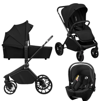 Carucior 3 in 1, Lionelo, Mika Plus, Cu scoica auto Moxie Black Carbon, Reversibil, Cu sistem de ventilatie 3D, Cu accesorii, Pana la 22 kg, EN1888-1 EN1888-2 EN1466 ECE R129, Negru