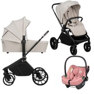 Carucior 3 in 1, Lionelo, Mika Plus, Cu scoica auto Roz testata ADAC, Reversibil, Cu sistem de ventilatie 3D, Cu accesorii, Pana la 22 kg, EN1888-1 EN1888-2 EN1466 ECE R129, Bej