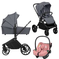 Carucior 3 in 1, Lionelo, Mika Plus, Cu scoica auto Roz testata ADAC, Reversibil, Cu sistem de ventilatie 3D, Cu accesorii, Pana la 22 kg, EN1888-1 EN1888-2 EN1466 ECE R129, Gri
