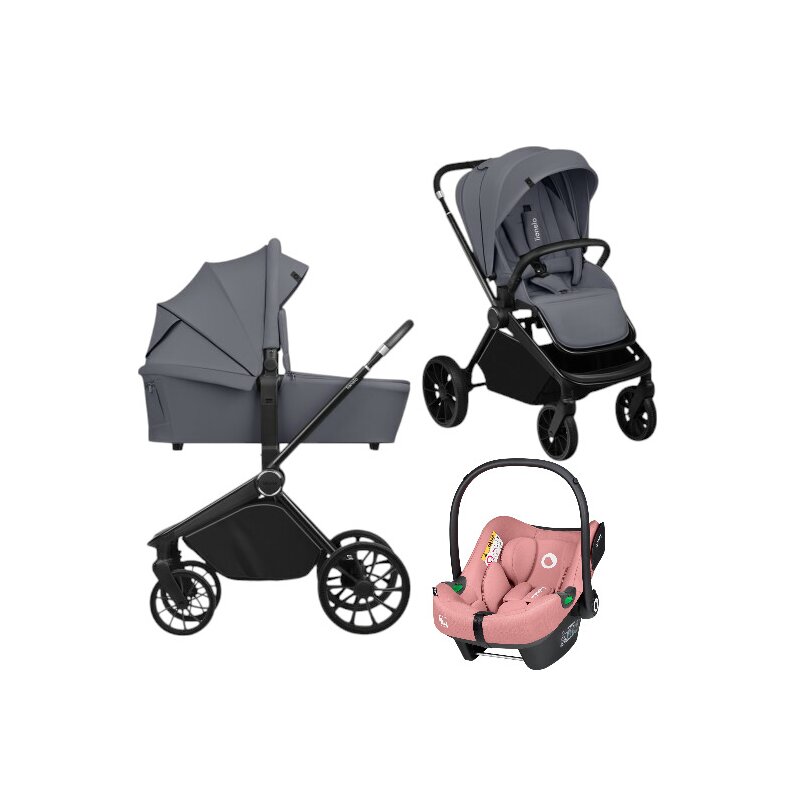 Carucior 3 in 1, Lionelo, Mika Plus, Cu scoica auto Roz testata ADAC, Reversibil, Cu sistem de ventilatie 3D, Cu accesorii, Pana la 22 kg, EN1888-1 EN1888-2 EN1466 ECE R129, Gri