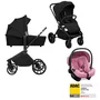 Carucior 3 in 1, Lionelo, Mika Plus, Cu scoica auto Roz testata ADAC, Reversibil, Cu sistem de ventilatie 3D, Cu accesorii, Pana la 22 kg, EN1888-1 EN1888-2 EN1466 ECE R129, Negru