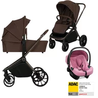 Carucior 3 in 1, Lionelo, Mika Plus, Cu scoica auto Roz testata ADAC, Reversibil, Cu sistem de ventilatie 3D, Cu accesorii, Pana la 22 kg, EN1888-1 EN1888-2 EN1466 ECE R129, Maro