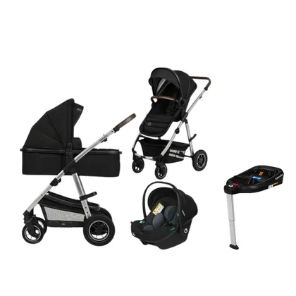 Carucior 4 in 1, Lionelo, Amber, Cu landou intarit si salteluta moale, Cu scoica auto testata ADAC, Baza isofix pentru scoica, Reversibil, Cu accesorii, Pana la 22 kg, EN1888-1 EN1888-2 EN1466 ECE R129, Negru silver