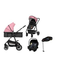 Carucior 4 in 1, Lionelo, Amber, Cu landou intarit si salteluta moale, Cu scoica auto testata ADAC, Baza isofix pentru scoica, Reversibil, Cu accesorii, Pana la 22 kg, EN1888-1 EN1888-2 EN1466 ECE R129, Roz