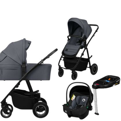 Carucior 4 in 1, Lionelo, Amber Plus, Cu landou intarit si salteluta moale, Cu scoica auto testata ADAC,  Baza isofix pentru scoica, Reversibil, Maner ajustabil, Cu accesorii, Pana la 22 kg, EN1888-1, EN1888-2, EN1466, ECE R129, Gri
