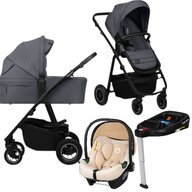 Carucior 4 in 1, Lionelo, Amber Plus, Cu scoica auto Bej testata ADAC + Baza Isofix, Reversibil, Maner ajustabil, Cu accesorii, Cu ventilatie panoramica 3D, Pana la 22 kg, EN1888-1, EN1888-2, EN1466, ECE R129, Gri