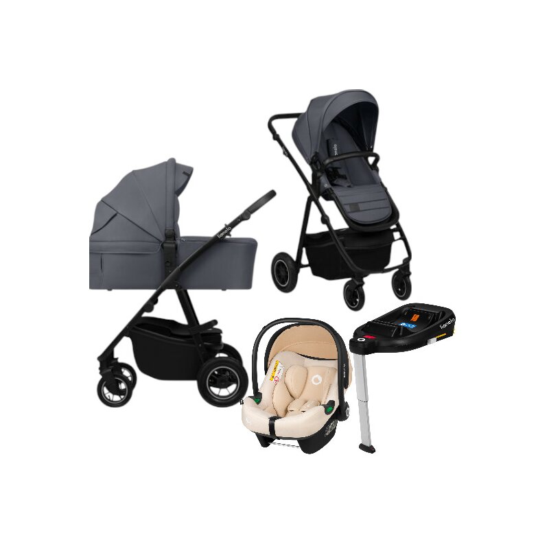 Carucior 4 in 1, Lionelo, Amber Plus, Cu scoica auto Bej testata ADAC + Baza Isofix, Reversibil, Maner ajustabil, Cu accesorii, Cu ventilatie panoramica 3D, Pana la 22 kg, EN1888-1, EN1888-2, EN1466, ECE R129, Gri
