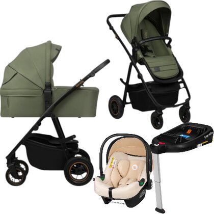 Carucior 4 in 1, Lionelo, Amber Plus, Cu scoica auto Bej testata ADAC +Baza Isofix, Reversibil, Maner ajustabil, Cu accesorii, Cu ventilatie panoramica 3D, Pana la 22 kg, EN1888-1, EN1888-2, EN1466, ECE R129, Verde