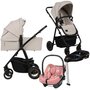 Carucior 4 in 1, Lionelo, Amber Plus, Cu scoica auto Roz testata ADAC + Baza Isofix, Reversibil, Maner ajustabil, Cu accesorii, Cu ventilatie panoramica 3D, Pana la 22 kg, EN1888-1, EN1888-2, EN1466, ECE R129, Bej - 1