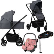 Carucior 4 in 1, Lionelo, Amber Plus, Cu scoica auto Roz testata ADAC + Baza Isofix, Reversibil, Maner ajustabil, Cu accesorii, Cu ventilatie panoramica 3D, Pana la 22 kg, EN1888-1, EN1888-2, EN1466, ECE R129, Gri
