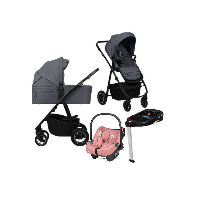 Carucior 4 in 1, Lionelo, Amber Plus, Cu scoica auto Roz testata ADAC + Baza Isofix, Reversibil, Maner ajustabil, Cu accesorii, Cu ventilatie panoramica 3D, Pana la 22 kg, EN1888-1, EN1888-2, EN1466, ECE R129, Gri