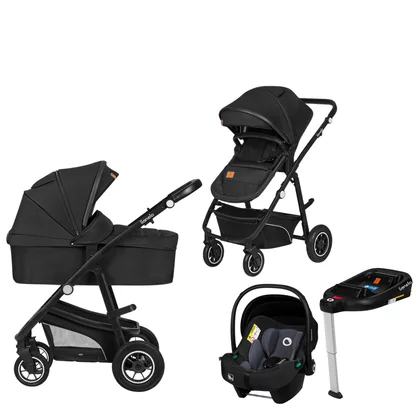 Carucior 4 in 1, Lionelo, Bianka, Transformabil, Cu landou si salteluta moale, Cu scoica auto, Baza isofix pentru scoica, Cu multiple accesorii, Sustine 22 kg, 0 luni+, EN1466:2014+AC:2015, EN1888, Negru