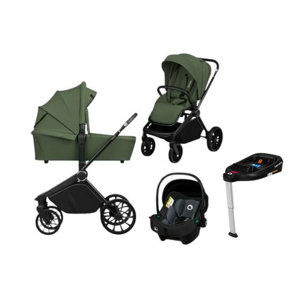 Carucior 4 in 1, Lionelo, Mika Plus, Cu landou intarit si salteluta moale, Cu scoica auto testata ADAC,  Baza isofix pentru scoica, Reversibil, Sistem de ventilatie 3D, Cu accesorii, Pana la 22 kg, EN1888-1 EN1888-2 EN1466 ECE R129, Verde