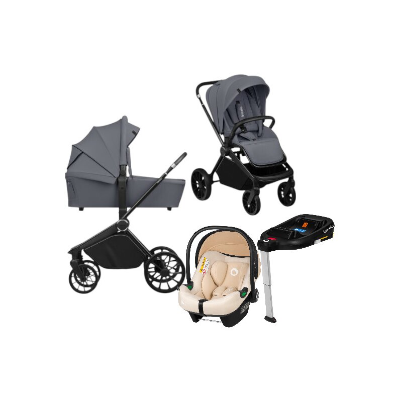 Carucior 4 in 1, Lionelo, Mika Plus, Cu scoica auto Bej testata ADAC + Baza Isofix, Reversibil, Cu sistem de ventilatie 3D, Cu accesorii, Pana la 22 kg, EN1888-1 EN1888-2 EN1466 ECE R129, Gri