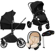 Carucior 4 in 1, Lionelo, Mika Plus, Cu scoica auto Bej testata ADAC + Baza Isofix, Reversibil, Cu sistem de ventilatie 3D, Cu accesorii, Pana la 22 kg, EN1888-1 EN1888-2 EN1466 ECE R129, Negru