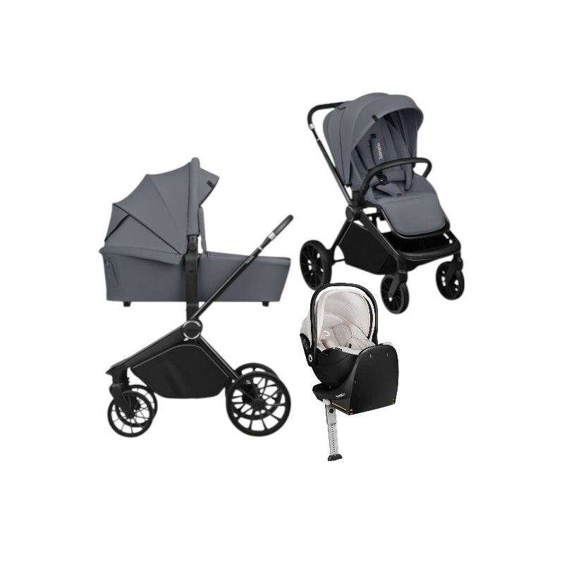 Carucior 4 in 1, Lionelo, Mika Plus, Cu scoica auto Moxie Bej cu baza rotativa 360, Reversibil, Cu sistem de ventilatie 3D, Cu accesorii, Pana la 22 kg, EN1888-1 EN1888-2 EN1466 ECE R129, Gri