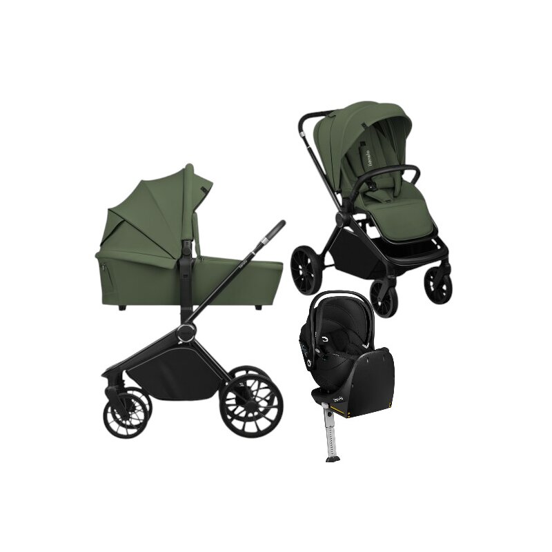 Carucior 4 in 1, Lionelo, Mika Plus, Cu scoica auto Moxie Black Carbon cu baza rotativa 360, Reversibil, Cu sistem de ventilatie 3D, Cu accesorii, Pana la 22 kg, EN1888-1 EN1888-2 EN1466 ECE R129, Verde