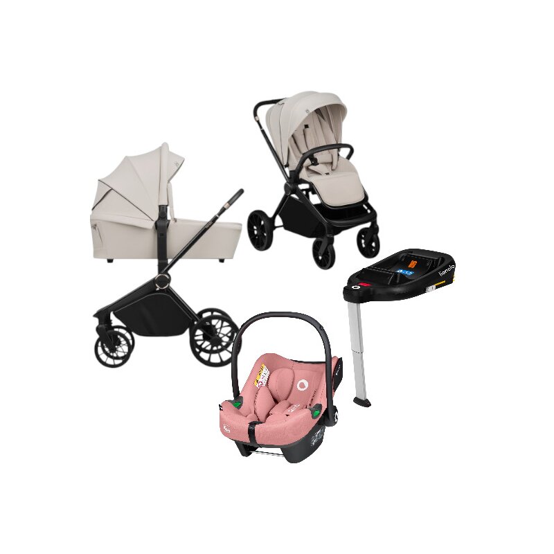 Carucior 4 in 1, Lionelo, Mika Plus, Cu scoica auto Roz testata ADAC + Baza Isofix, Reversibil, Cu sistem de ventilatie 3D, Cu accesorii, Pana la 22 kg, EN1888-1 EN1888-2 EN1466 ECE R129, Bej