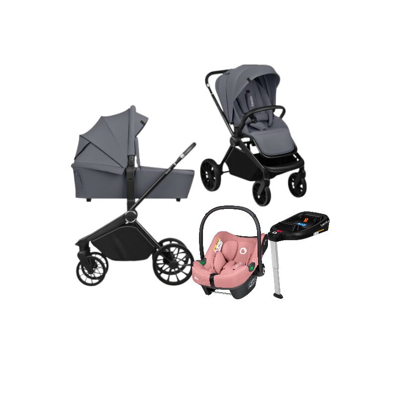 Carucior 4 in 1, Lionelo, Mika Plus, Cu scoica auto Roz testata ADAC + Baza Isofix, Reversibil, Cu sistem de ventilatie 3D, Cu accesorii, Pana la 22 kg, EN1888-1 EN1888-2 EN1466 ECE R129, Gri
