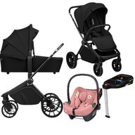 Carucior 4 in 1, Lionelo, Mika Plus, Cu scoica auto Roz testata ADAC + Baza Isofix, Reversibil, Cu sistem de ventilatie 3D, Cu accesorii, Pana la 22 kg, EN1888-1 EN1888-2 EN1466 ECE R129, Negru