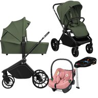 Carucior 4 in 1, Lionelo, Mika Plus, Cu scoica auto Roz testata ADAC + Baza Isofix, Reversibil, Cu sistem de ventilatie 3D, Cu accesorii, Pana la 22 kg, EN1888-1 EN1888-2 EN1466 ECE R129, Verde