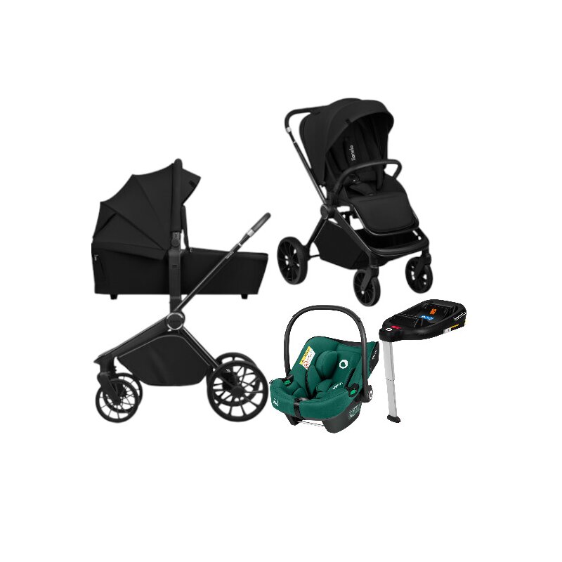 Carucior 4 in 1, Lionelo, Mika Plus, Cu scoica auto Verde testata ADAC + Baza Isofix, Reversibil, Cu sistem de ventilatie 3D, Cu accesorii, Pana la 22 kg, EN1888-1 EN1888-2 EN1466 ECE R129, Negru
