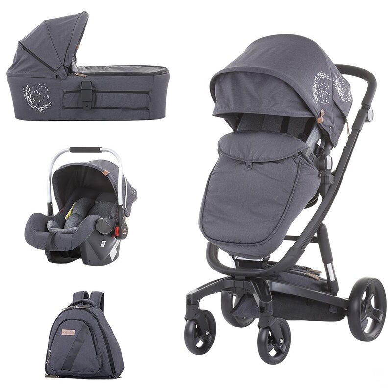 Chipolino - carucior 3 in 1 electra cu cadru negru, gri