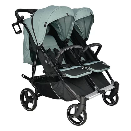 Carucior gemeni, Bebe Stars, Double Trouble, De la nastere pana la 22 Kg, Cadru din aluminiu, Pliabil, Spatar reglabil in 5 pozitii, Cu 2 saci de picioare, 2 huse de ploaie si suport pahar, Conform cu EN1888-1,2:2018, Petrol, Resigilat