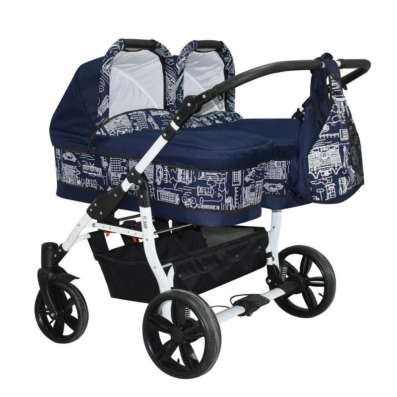 Pj Baby - Carucior copii gemeni side by side 2 in 1, PJ STROLLER, Blue