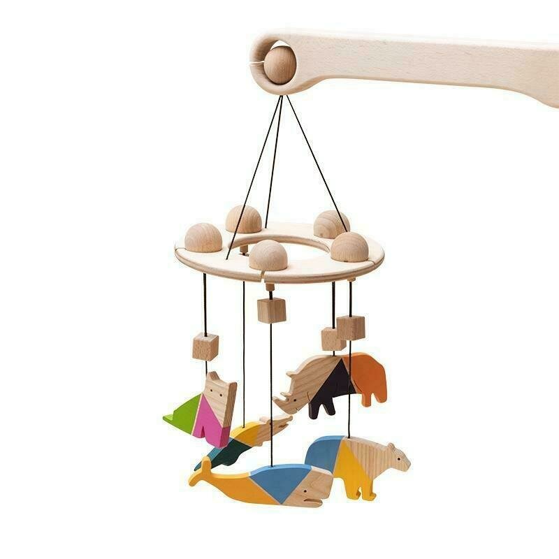 Mobbli - carusel din lemn mobile , animale, cu 5 jucarii colorate