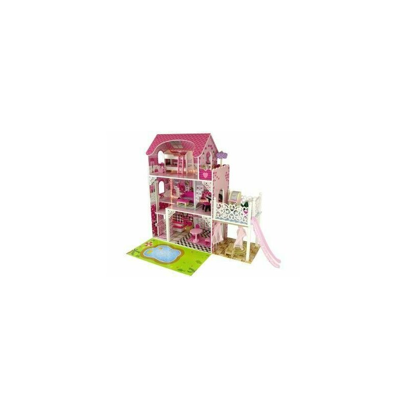 Leantoys - casuta de papusi din lemn, cu doua etaje, balcon, mobilier si tobogan, 10217