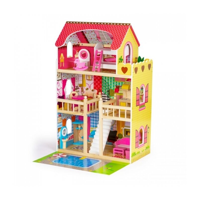 Ecotoys - casuta de papusi inalta din lemn cu mobilier si piscina, w06a333e