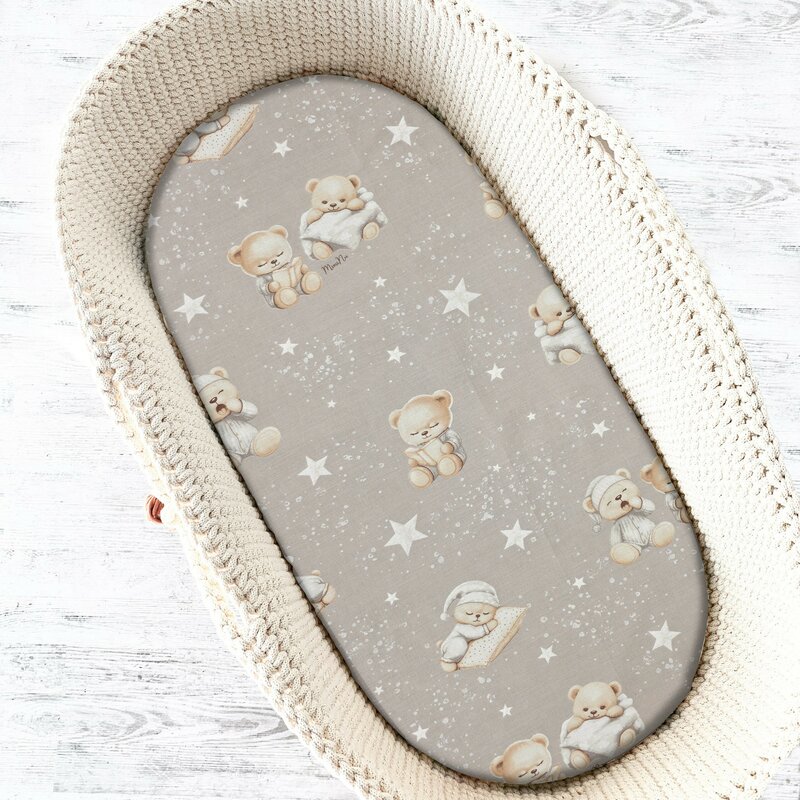 Cearceaf cu elastic, MimiNu, Pentru landou, carucior si cosulet, Dimensiune 80x35 cm, Din bumbac certificat Oeko Tex Standard 100, Bedtime story beige