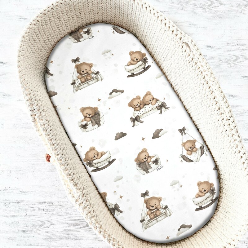 Cearceaf cu elastic, MimiNu, Pentru landou, carucior si cosulet, Dimensiune 80x35 cm, Din bumbac certificat Oeko Tex Standard 100, Tedy bear dreams beige
