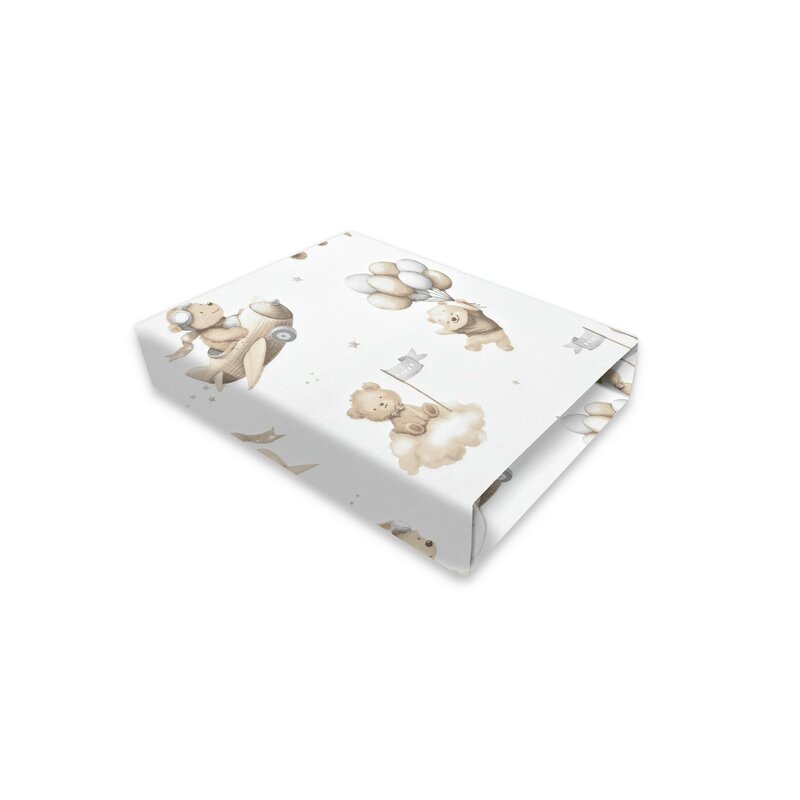 Cearceaf cu elastic, Qmini, Pentru patut co-sleeper, Luna, Dimensiune 84.5 x 50.5 cm, Din bumbac certificat Oeko Tex Standard 100, Teddy Explorer Beige