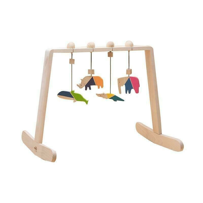 Mobbli - centru de activitati baby gym , animale, cu 4 jucarii colorate din lemn