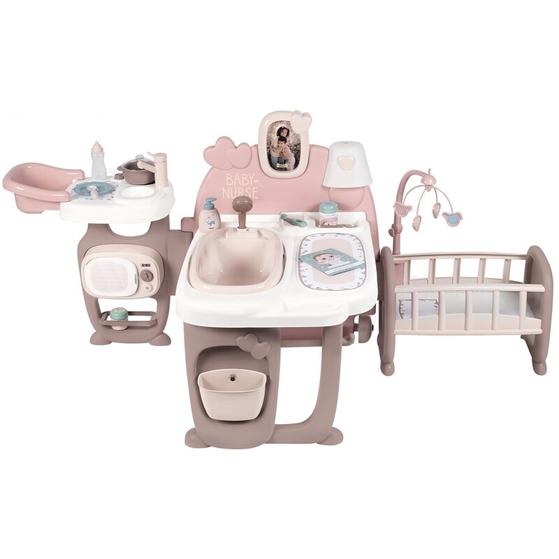 Smoby - centru de ingrijire pentru papusi baby nurse doll`s play center maro cu 23 accesorii