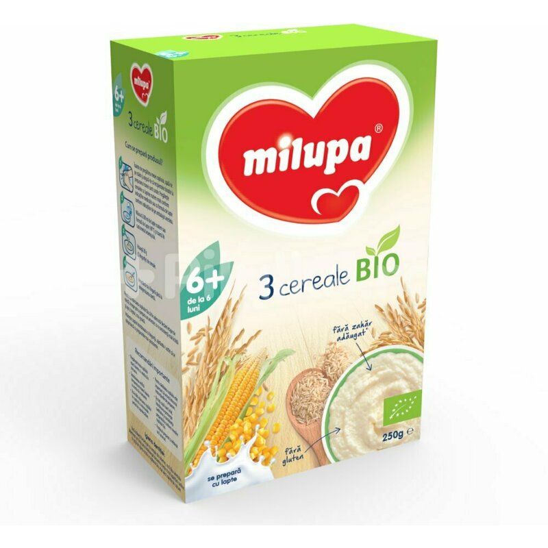 Milupa - cereale bio fara lapte, 3 cereale, 250g, 6luni+