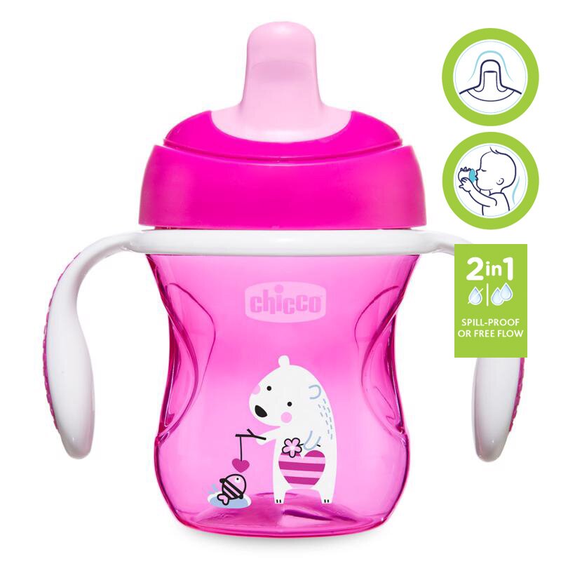 Chicco - Canuta de tranzitie anti-curgere, Cu manere ergonomice si detasabile, fara BPA, 6 luni+, 200 ml, Roz