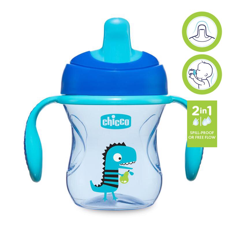 Chicco - Canuta de tranzitie anti-curgere, Cu manere ergonomice si detasabile, fara BPA, 6 luni+, 200 ml, Pentru baietei