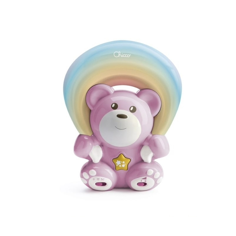 Chicco - proiector pentru patut, in forma de ursulet, cu 2 moduri de proiectie si melodii, cu oglinda rotativa 360 grade, include comutator de timp, 13 x 8.5 x 19 cm, 0 luni+, roz