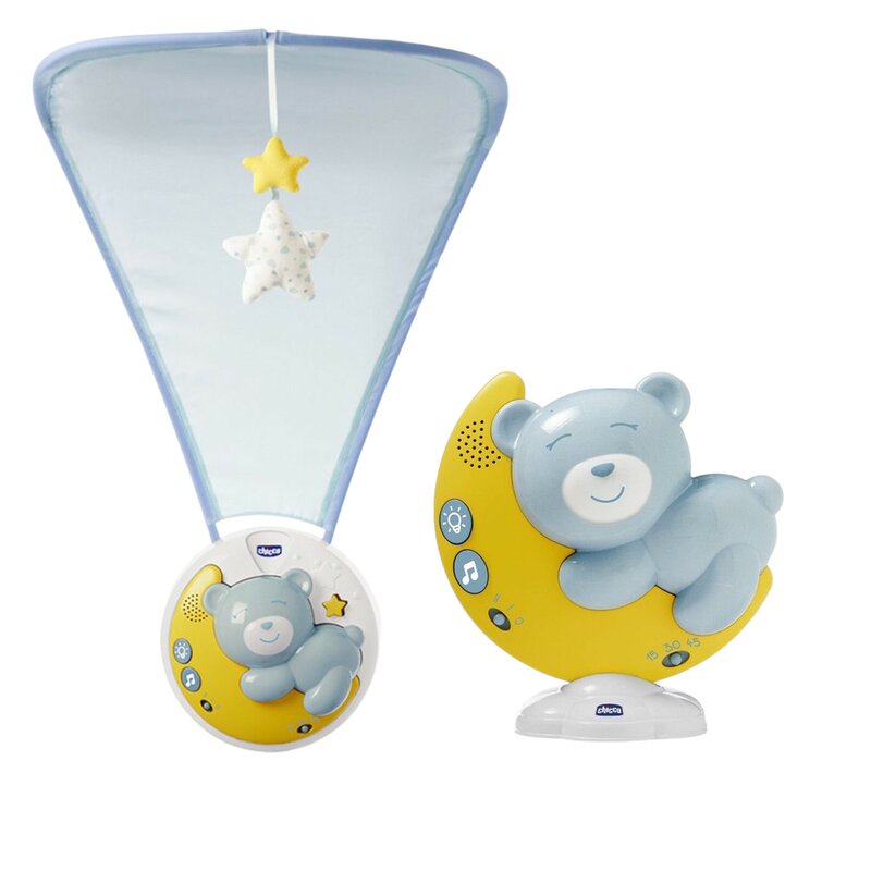 Proiector pentru patut, Chicco, Next2Moon, 3 in 1, Cu capotina, lumini si muzica, Albastru