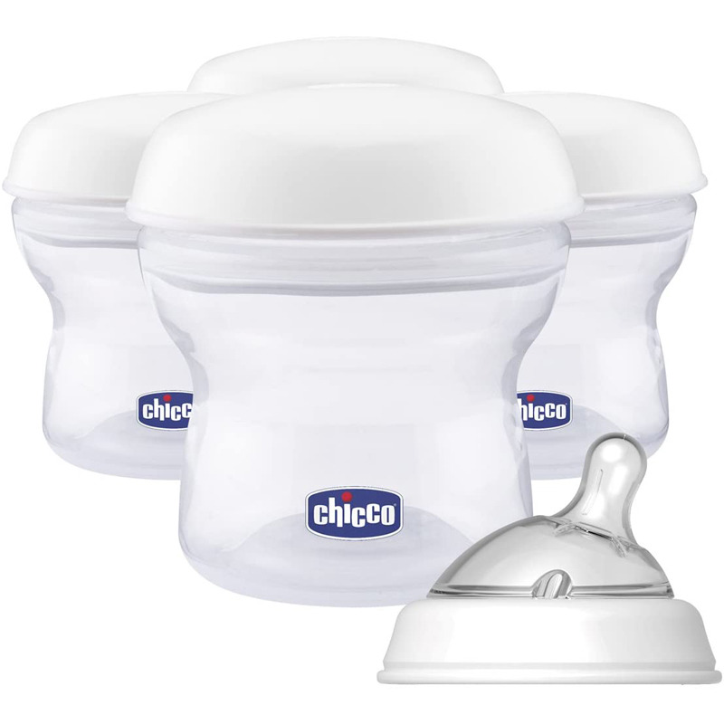 Chicco - set 4 recipiente depozitare lapte, multifunctionale, include o tetina, autocolante si capace pentru pastrarea sigura a laptelui, polipropilena, fara bpa, 150 ml, 0 luni+, alb